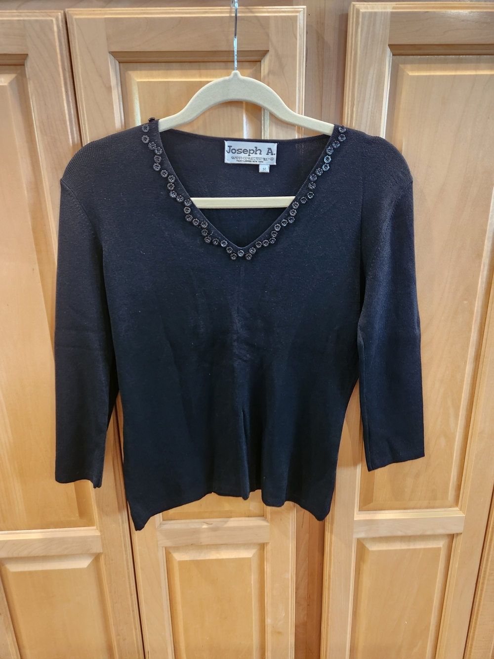 Joseph A Black V-Neck Long Sleeve Top with Beaded Trim